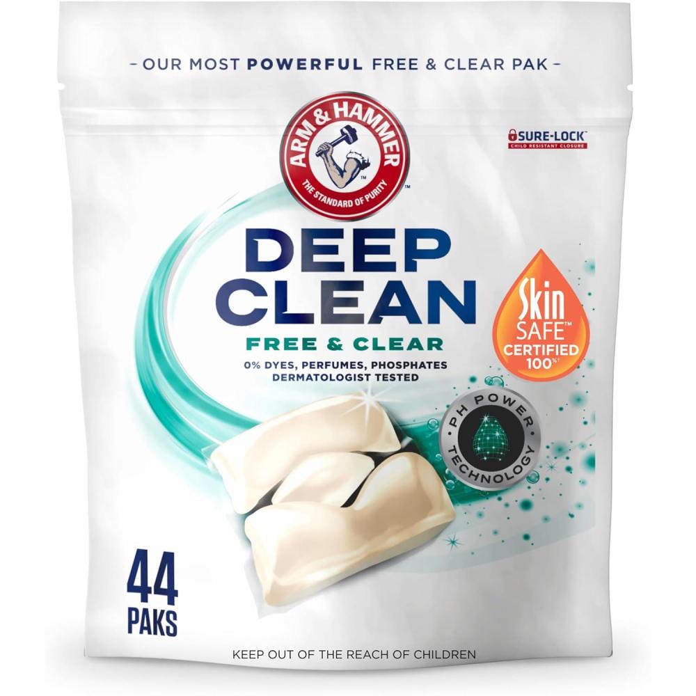 imageARM ampamp HAMMER Deep Clean Free ampamp Clear Power Paks Concentrated Laundry Detergent Free of Dyes Perfumes and Phosphates Dermatologist Tested 44 Count44 Count Pack of 1