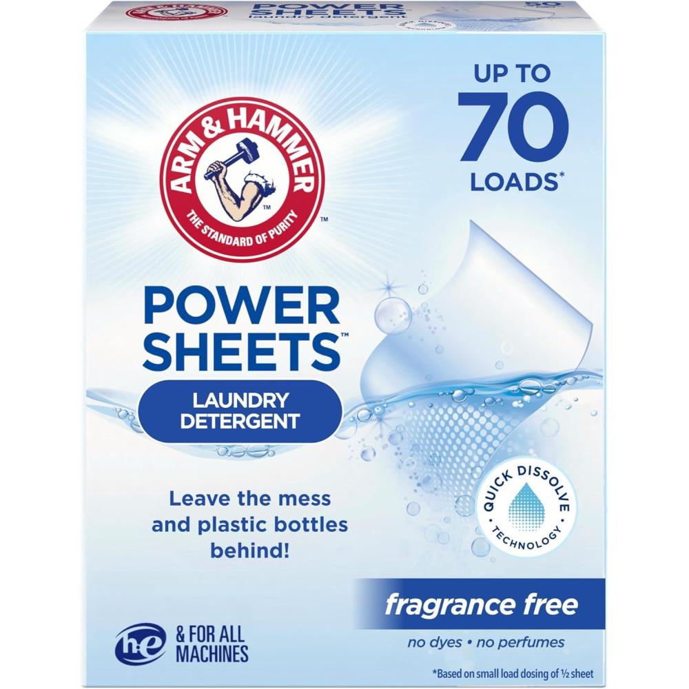 imageARM ampamp HAMMER Power Sheets Laundry Detergent Fragrance Free No Dyes or Perfumes Lightweight and TravelFriendly 35 Count Up to 70 Small Loads