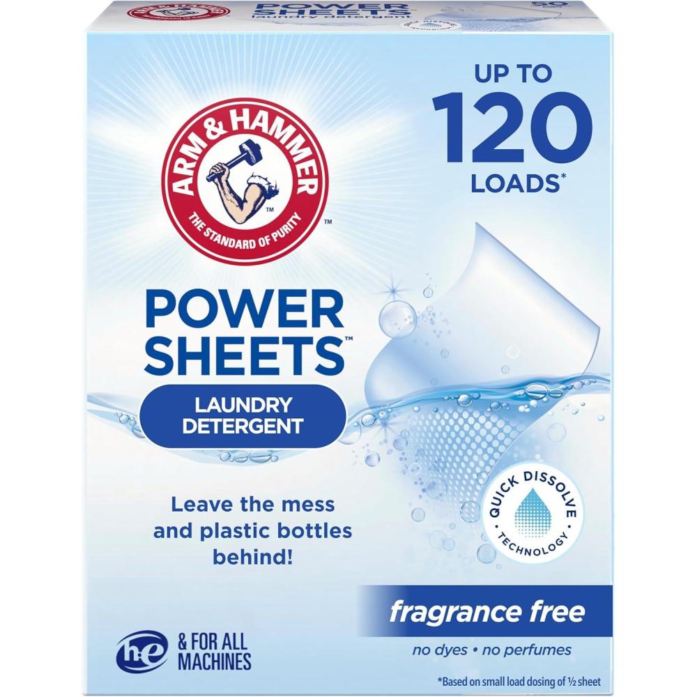 imageARM ampamp HAMMER Power Sheets Laundry Detergent Fragrance Free No Dyes or Perfumes Lightweight and TravelFriendly 60 Count Up to 120 Small Loads