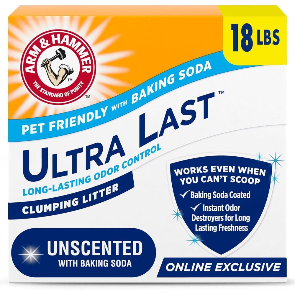 imageARM ampamp HAMMER Ultra Last Clumping Cat Litter Unscented MultiCat 18 Lbs Pet Friendly with Baking Soda Odor Control Litter18 lbs Pack of 1
