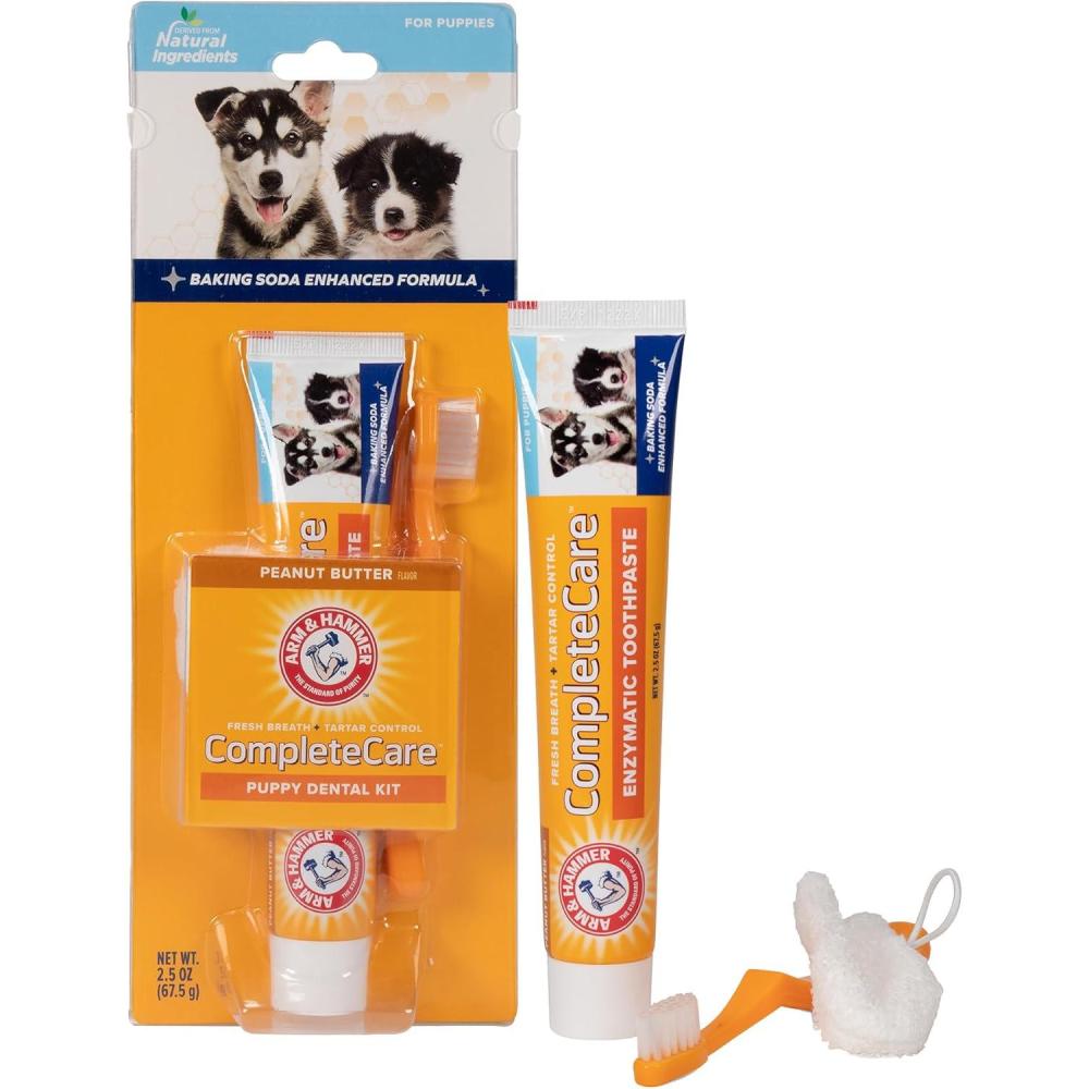 imageArm ampamp Hammer Complete Care Puppy Dental Kit Chicken Flavor Enzymatic Dog Toothpaste Toothbrush ampamp Microfiber Brush Baking Soda  Calcium Enhanced Formula 25ozPuppy Dental Kit  Peanut Butter
