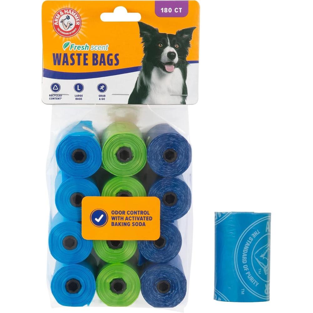 imageArm ampamp Hammer Durable Disposable Dog And Cat Waste Bags With Activated Baking Soda 180 Dog Poop Bags 9 x 14 Inches BlueAssorted