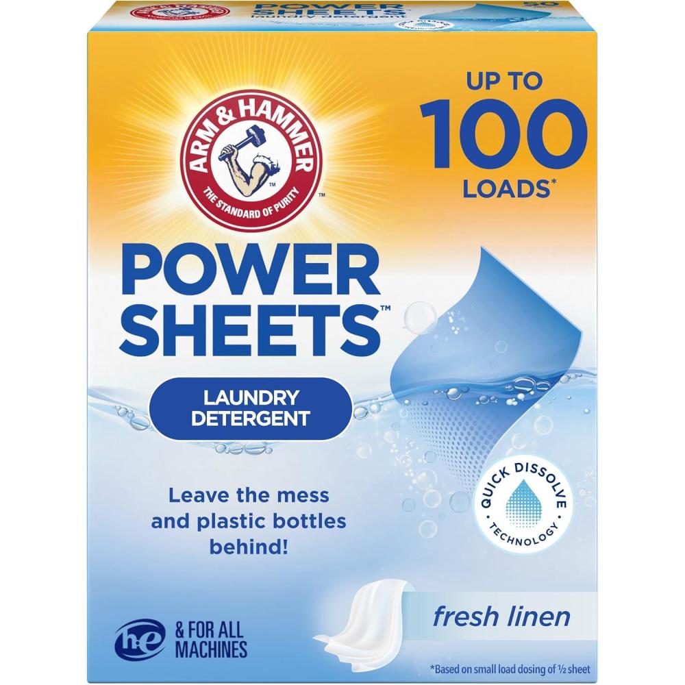 imageArm ampamp Hammer Power Sheets Laundry Detergent Fresh Linen 50ct up to 100 Small Loads Packaging may varySheets Laundry Detergent