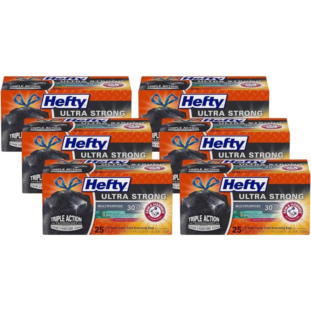 imageHefty Ultra Strong 30 Gallon Trash Bags Large Trash Bags 30 Gallon Size Multipurpose Break Resistant Drawstring Closure Resists Leaks Punctures and Tears Black White Pine Breeze Scent 25 Bags25 Count Pack of 6