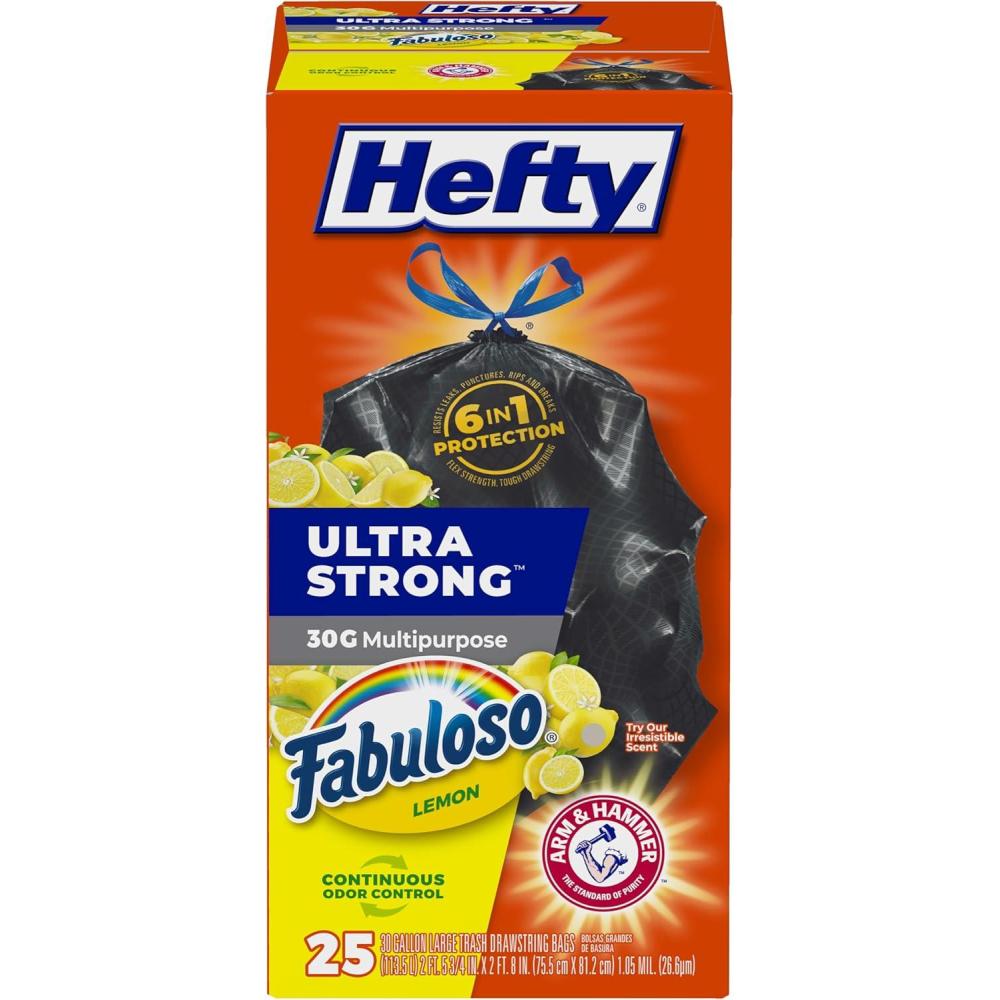 imageHefty Ultra Strong 30 Gallon Trash Bags Large Trash Bags 30 Gallon Size Multipurpose Break Resistant Drawstring Closure Resists Leaks Punctures and Tears Black Fabuloso Lemon Scent 25 Bags