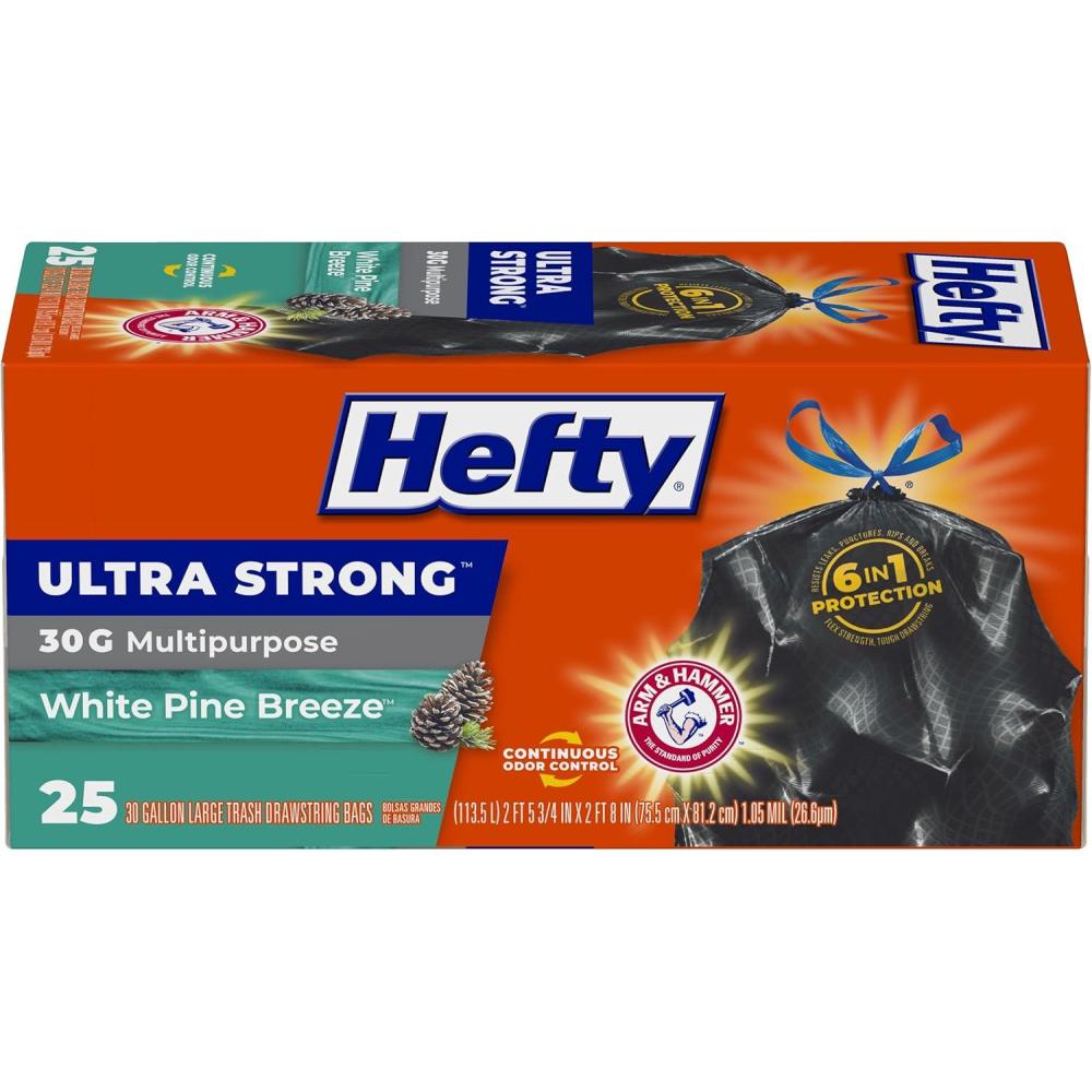 imageHefty Ultra Strong 30 Gallon Trash Bags Large Trash Bags 30 Gallon Size Multipurpose Break Resistant Drawstring Closure Resists Leaks Punctures and Tears Black White Pine Breeze Scent 25 Bags25 Count Pack of 1