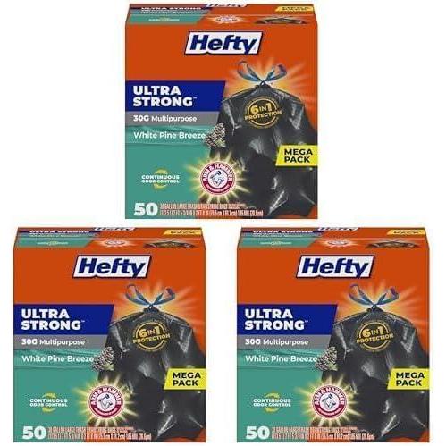 imageHefty Ultra Strong 30 Gallon Trash Bags Large Trash Bags 30 Gallon Size Multipurpose Break Resistant Drawstring Closure Resists Leaks Punctures and Tears Black White Pine Breeze Scent 25 Bags50 Count Pack of 3