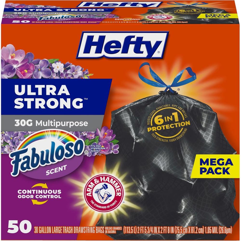 imageHefty Ultra Strong 30 Gallon Trash Bags Large Trash Bags 30 Gallon Size Multipurpose Break Resistant Drawstring Closure Resists Leaks Punctures and Tears Black Fabuloso Scent 50 Bagsmulticolor