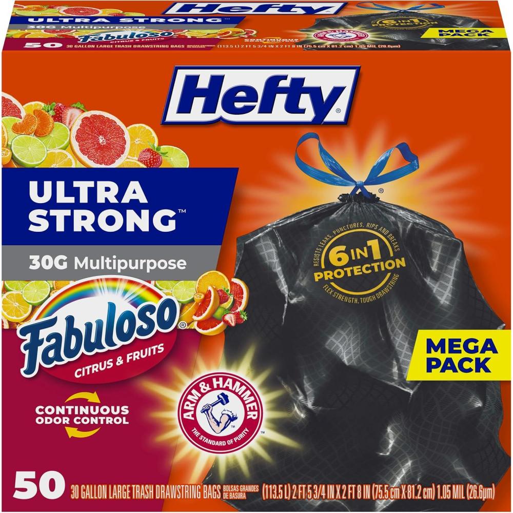 imageHefty Ultra Strong 30 Gallon Trash Bags Large Trash Bags 30 Gallon Size Multipurpose Break Resistant Drawstring Closure Resists Leaks Punctures and Tears Black Fabuloso Scent 50 BagsFabuloso Citrus  Fruits