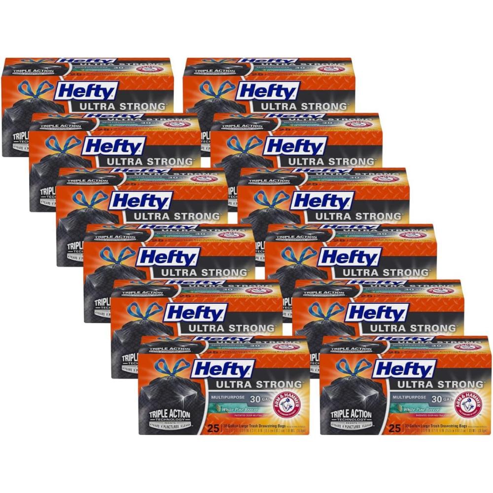 imageHefty Ultra Strong 30 Gallon Trash Bags Large Trash Bags 30 Gallon Size Multipurpose Break Resistant Drawstring Closure Resists Leaks Punctures and Tears Black White Pine Breeze Scent 25 Bags25 Count Pack of 12