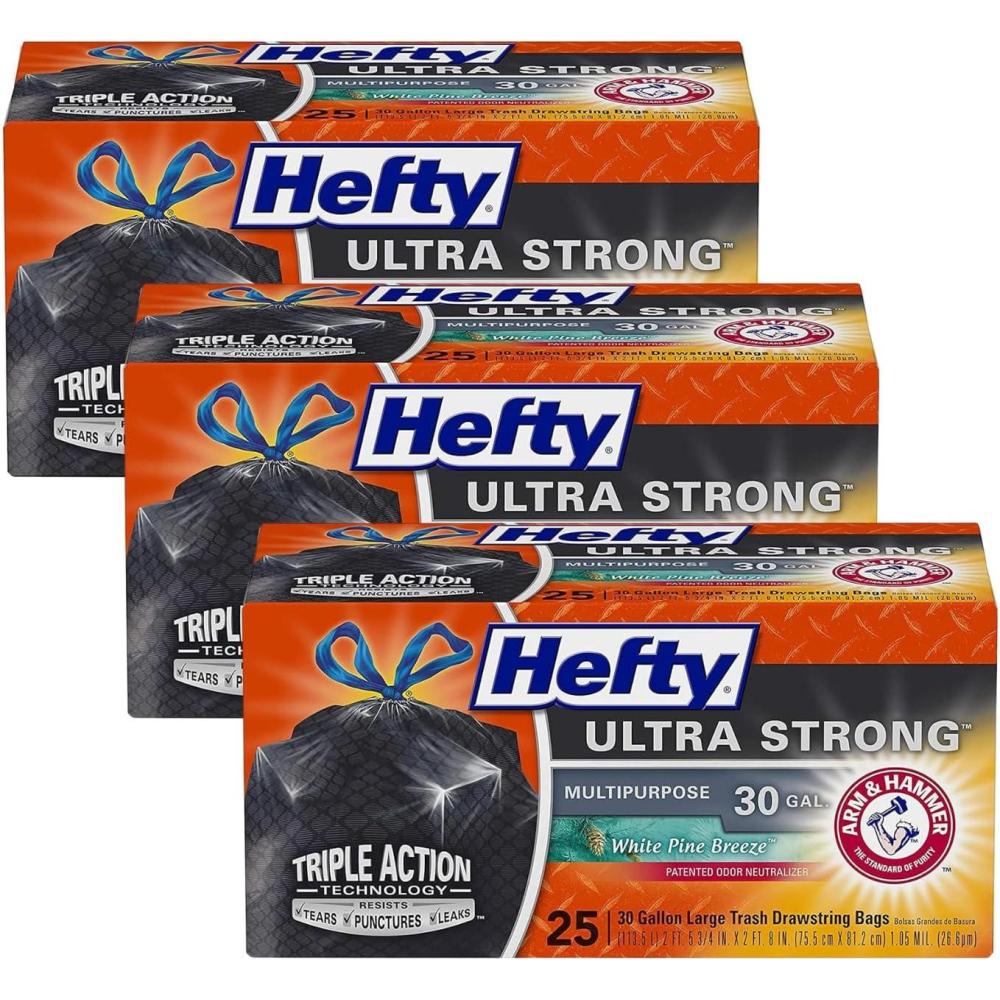 imageHefty Ultra Strong 30 Gallon Trash Bags Large Trash Bags 30 Gallon Size Multipurpose Break Resistant Drawstring Closure Resists Leaks Punctures and Tears Black White Pine Breeze Scent 25 Bags25 Count Pack of 3