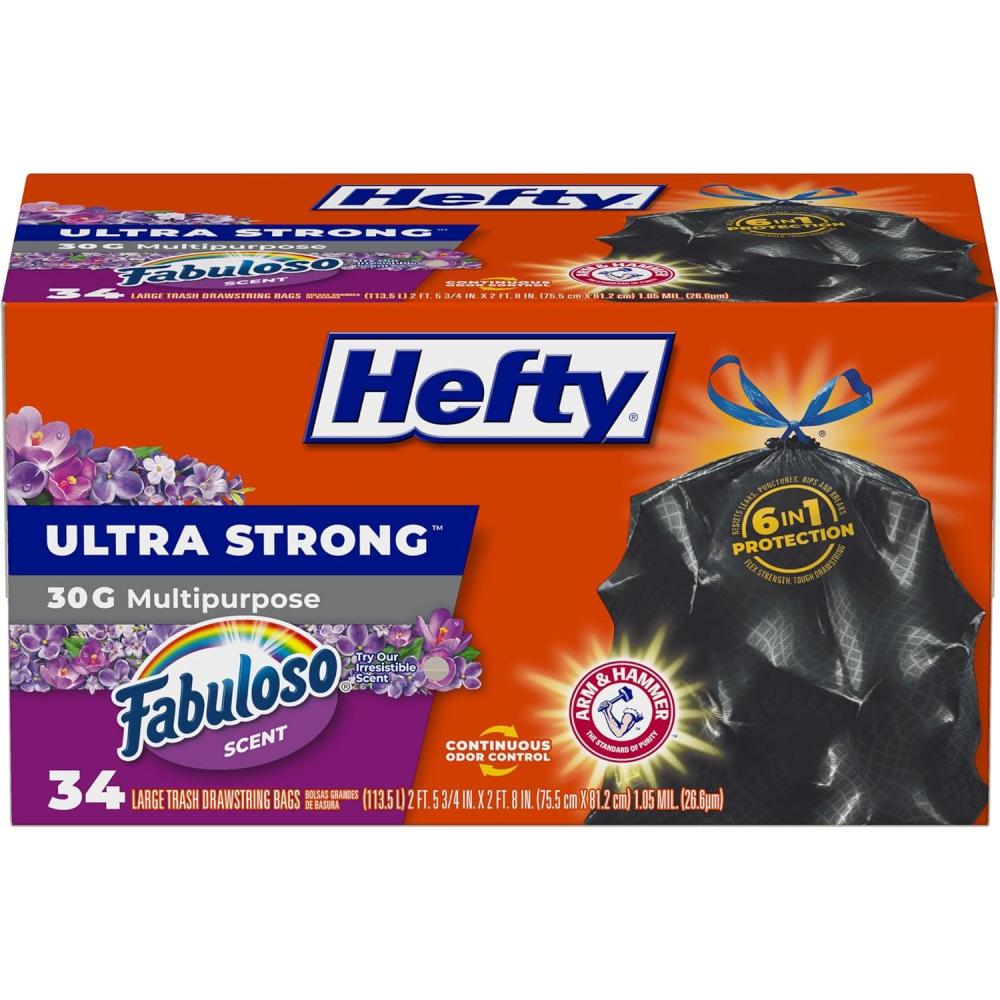 imageHefty Ultra Strong 30 Gallon Trash Bags Large Trash Bags 30 Gallon Size Multipurpose Break Resistant Drawstring Closure Resists Leaks Punctures and Tears Black Fabuloso Scent 50 BagsBlack