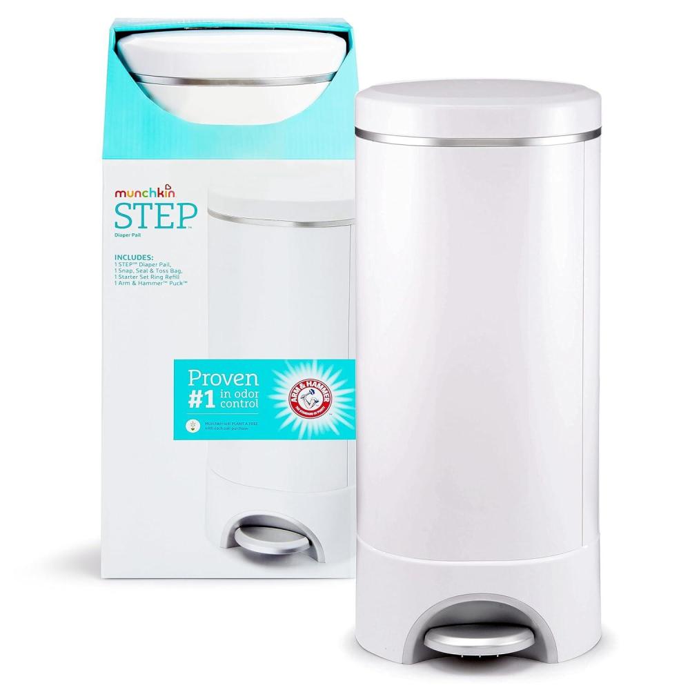 imageMunchkin STEP Diaper Pail Powered by Arm ampamp Hammer 1 in Odor Control AwardWinning Includes 1 Snap Seal ampamp Toss Bag 1 Starter Refill Ring and 1 PUCK Baking Soda CartridgeDiaper Pail