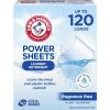 ARM & HAMMER Power Sheets Laundry Detergent, Fragrance Free, No Dyes or Perfumes, Lightweight and Travel-Friendly, 60 Count, Up to 120 Small Loads