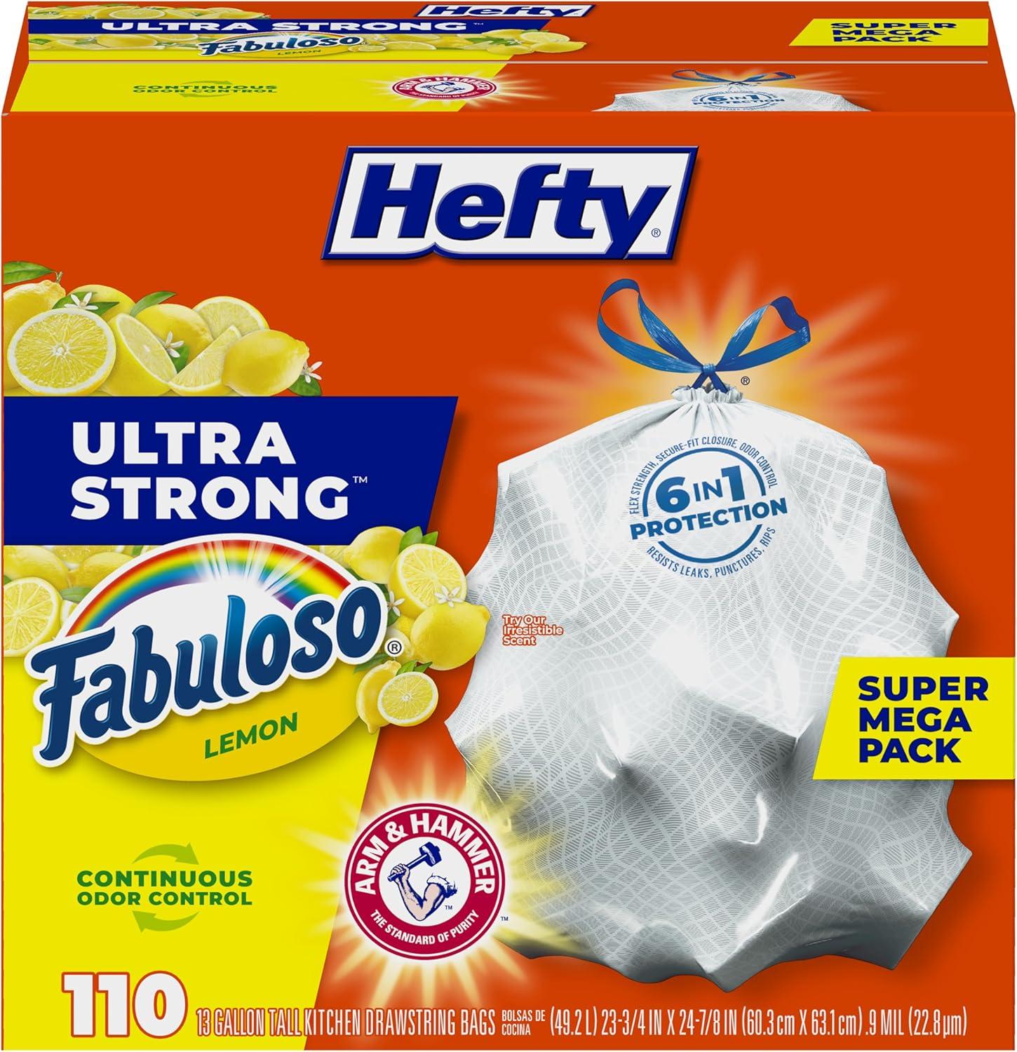 imageHefty Ultra Strong 13 Gallon Trash Bags Tall Kitchen Trash Bags 13 Gallon Size Drawstring Closure Continuous Odor Control White Lavender and Sweet Vanilla Scent 110 BagsFabuloso Lemon
