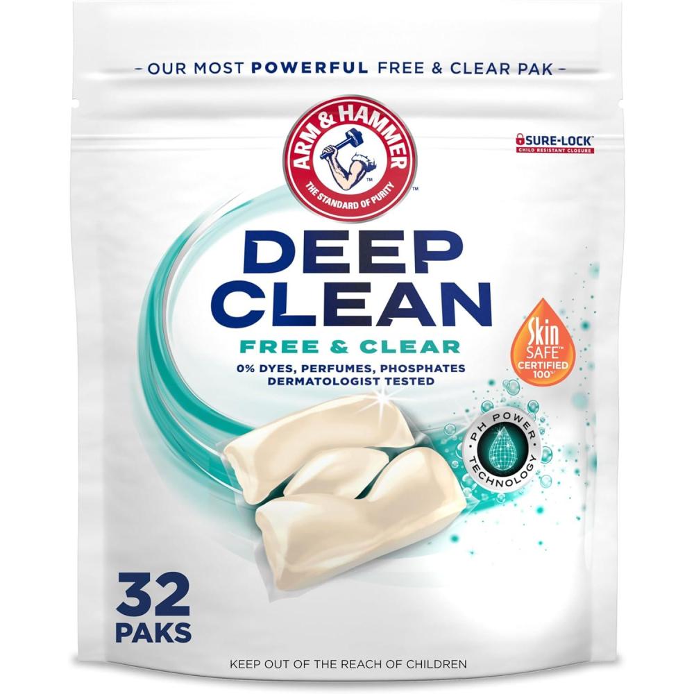 imageARM ampamp HAMMER Deep Clean Free ampamp Clear Power Paks Concentrated Laundry Detergent Free of Dyes Perfumes and Phosphates Dermatologist Tested 32 Count