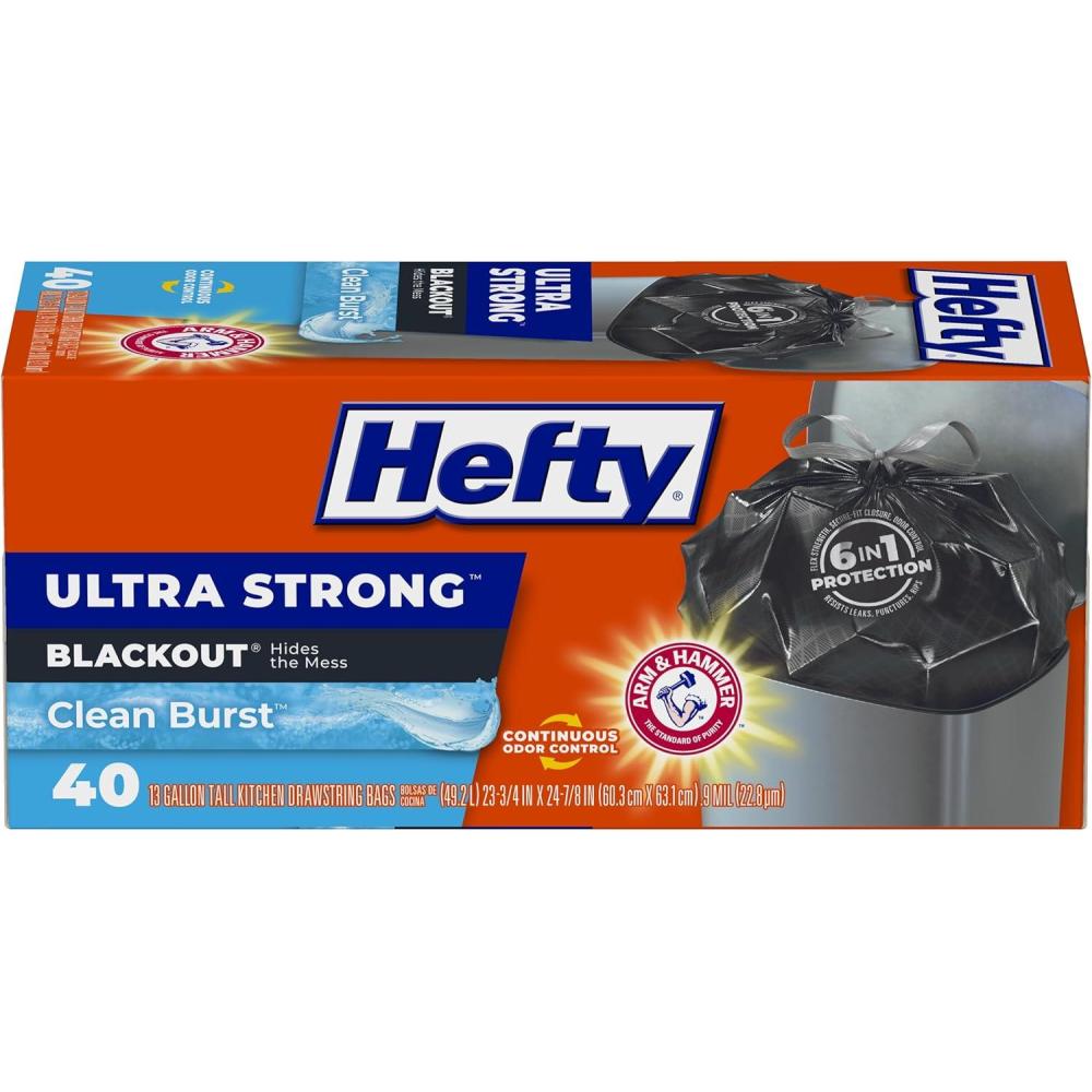 imageHefty Ultra Strong 13 Gallon Trash Bags Black Tall Kitchen Trash Bags 13 Gallon Size Break Resistant Drawstring Enclosure Continuous Odor Control Blackout Clean Burst Scent 40 BagsClean Burst
