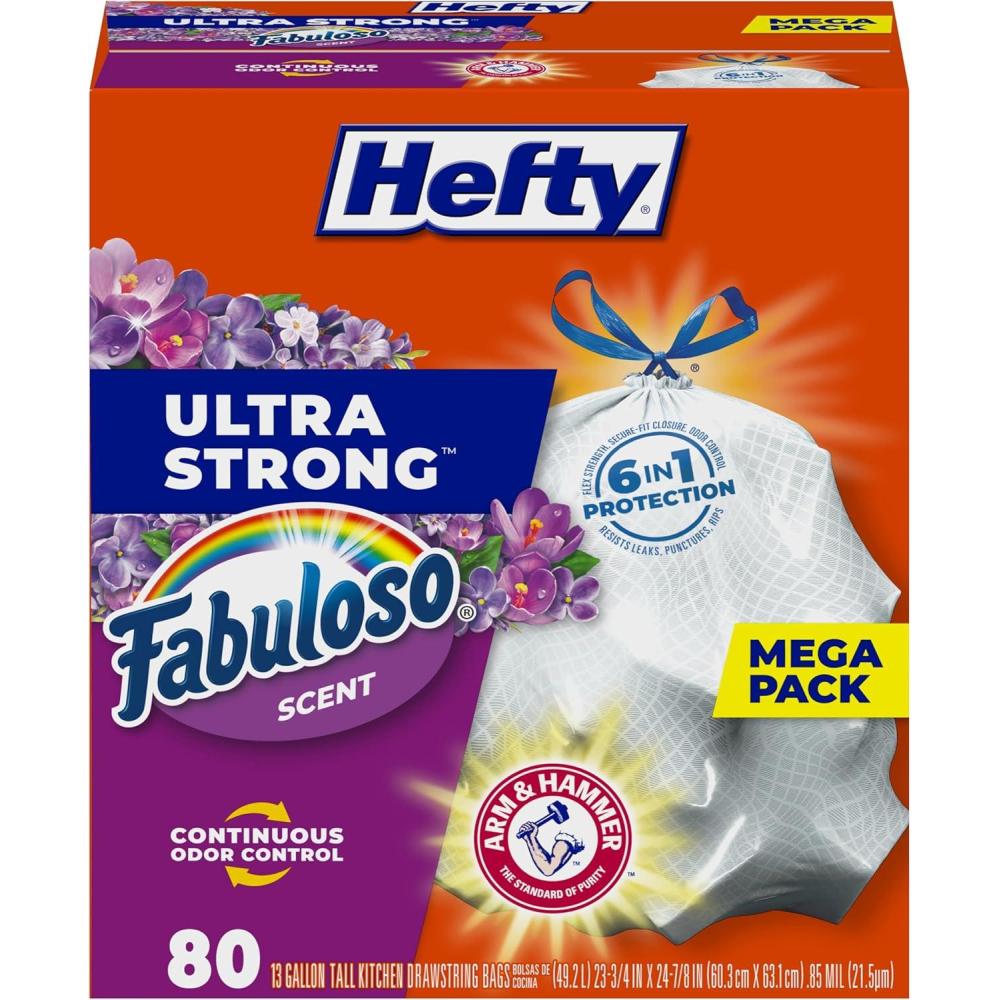 imageHefty Ultra Strong 13 Gallon Trash Bags Tall Kitchen Trash Bags 13 Gallon Size Drawstring Closure Continuous Odor Control White Lavender and Sweet Vanilla Scent 110 BagsFabuloso