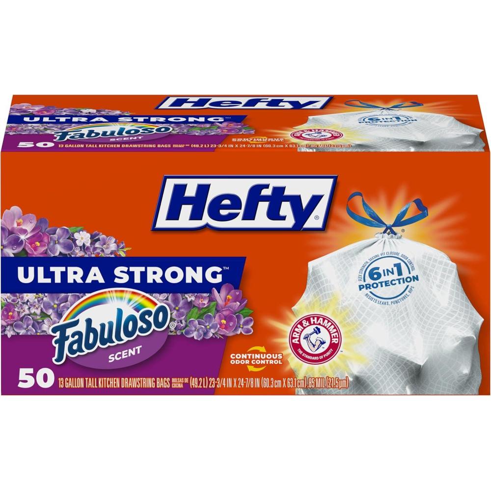 imageHefty Ultra Strong 13 Gallon Trash Bags Tall Kitchen Trash Bags 13 Gallon Size Drawstring Closure Continuous Odor Control White Lavender and Sweet Vanilla Scent 110 BagsWhite
