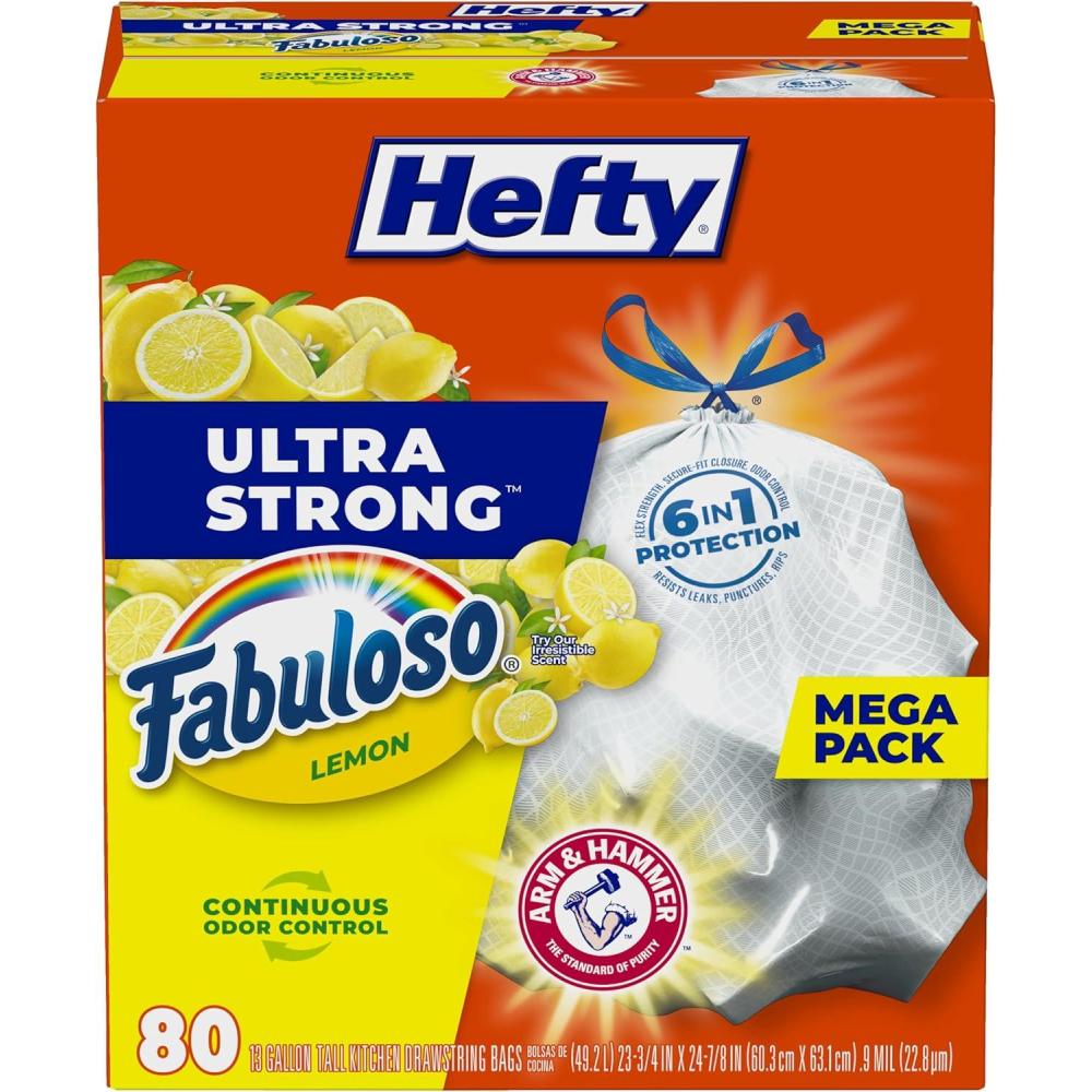 imageHefty Ultra Strong 13 Gallon Trash Bags Tall Kitchen Trash Bags 13 Gallon Size Drawstring Closure Continuous Odor Control White Lavender and Sweet Vanilla Scent 110 BagsFabuloso Lemon