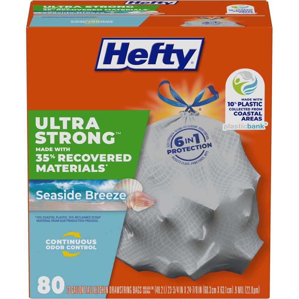 imageHefty Ultra Strong 13 Gallon Trash Bags Tall Kitchen Trash Bags 13 Gallon Size Drawstring Closure Continuous Odor Control White Lavender and Sweet Vanilla Scent 110 BagsSeaside Breeze  Eco Friendly