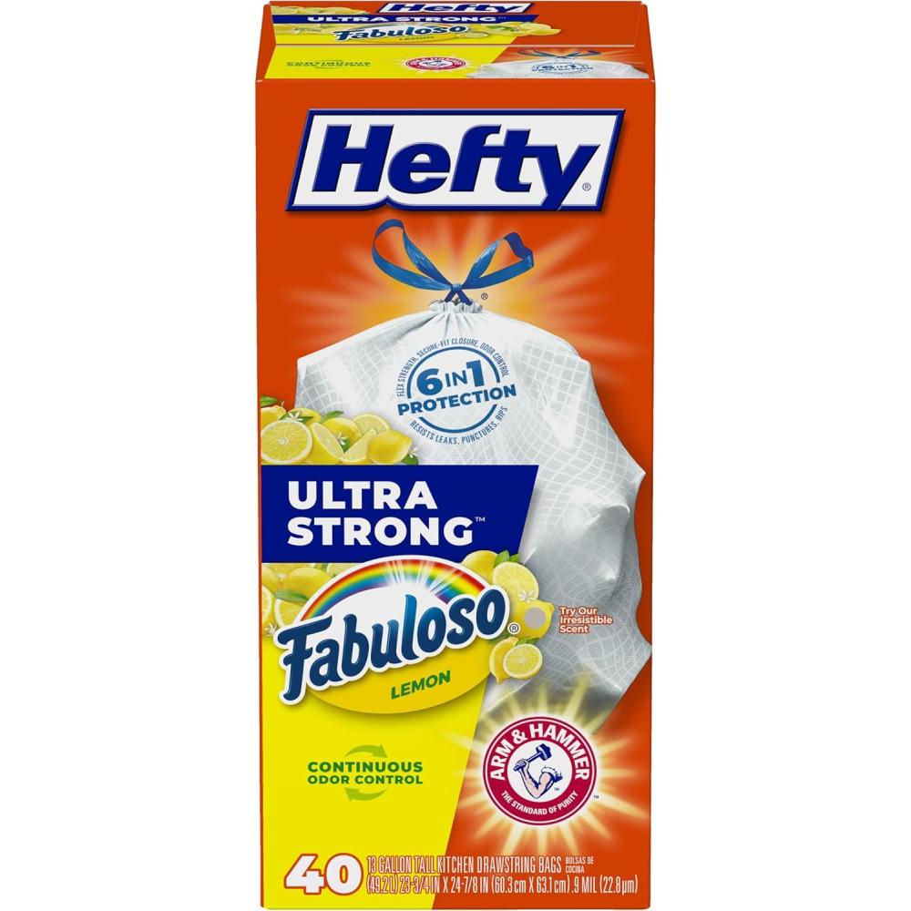 imageHefty Ultra Strong 13 Gallon Trash Bags Tall Kitchen Trash Bags 13 Gallon Size Resist Leaks Punctures and Rips Continuous Odor Control White Fabuloso Lemon Scent 40 Bags