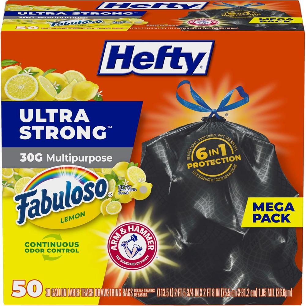 imageHefty Ultra Strong 30 Gallon Trash Bags Large Trash Bags 30 Gallon Size Multipurpose Break Resistant Drawstring Closure Resists Leaks Punctures and Tears Black Fabuloso Lemon Scent 50 Bags50 Count Pack of 1