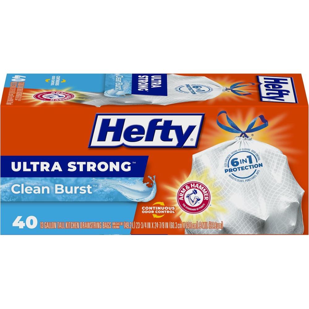 imageHefty Ultra Strong Tall Kitchen Trash Bags Clean Burst Scent 13 Gallon 40 CountWhite