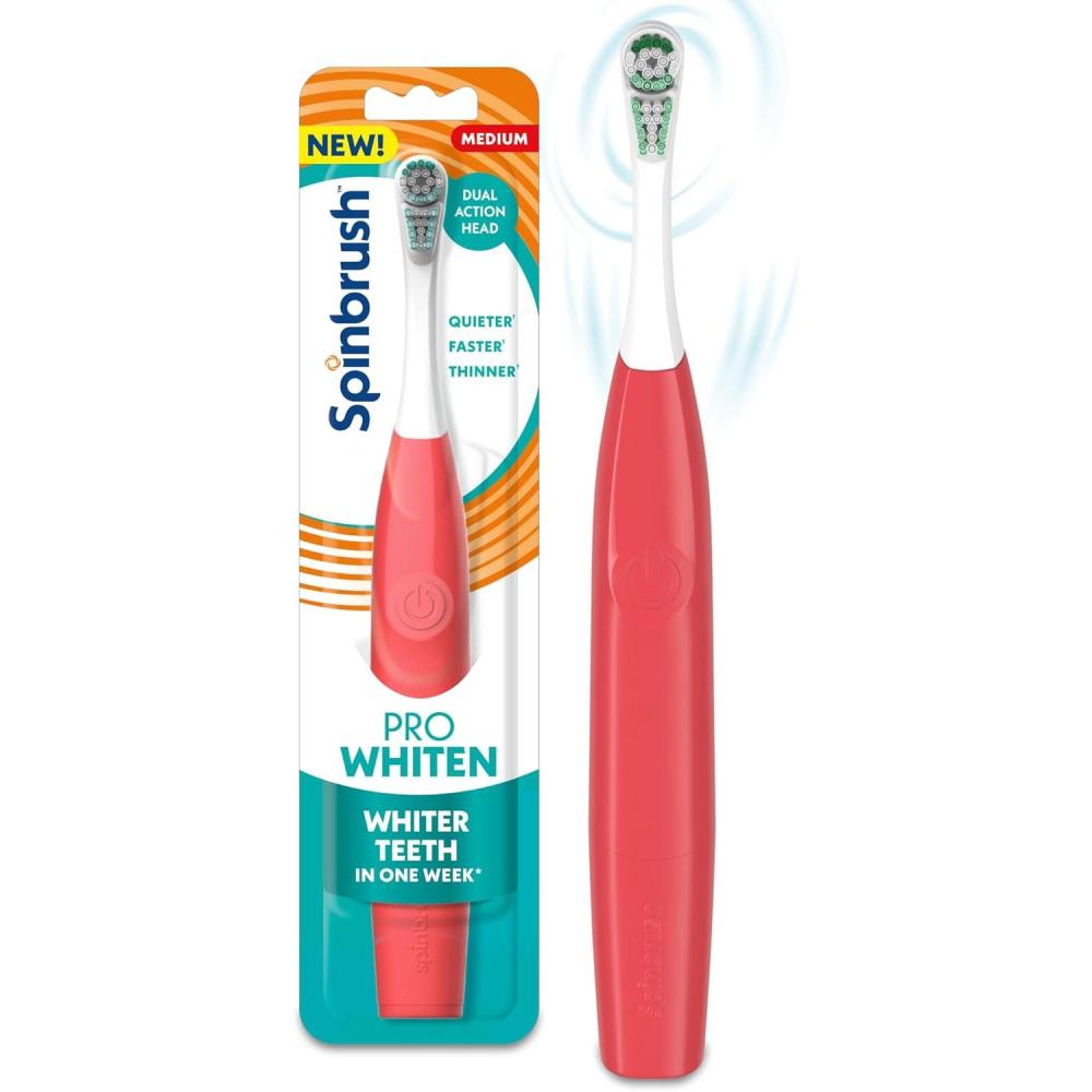 imageSpinbrush Pro Whiten Battery Toothbrush for Adults Medium Bristles Batteries IncludedCoral